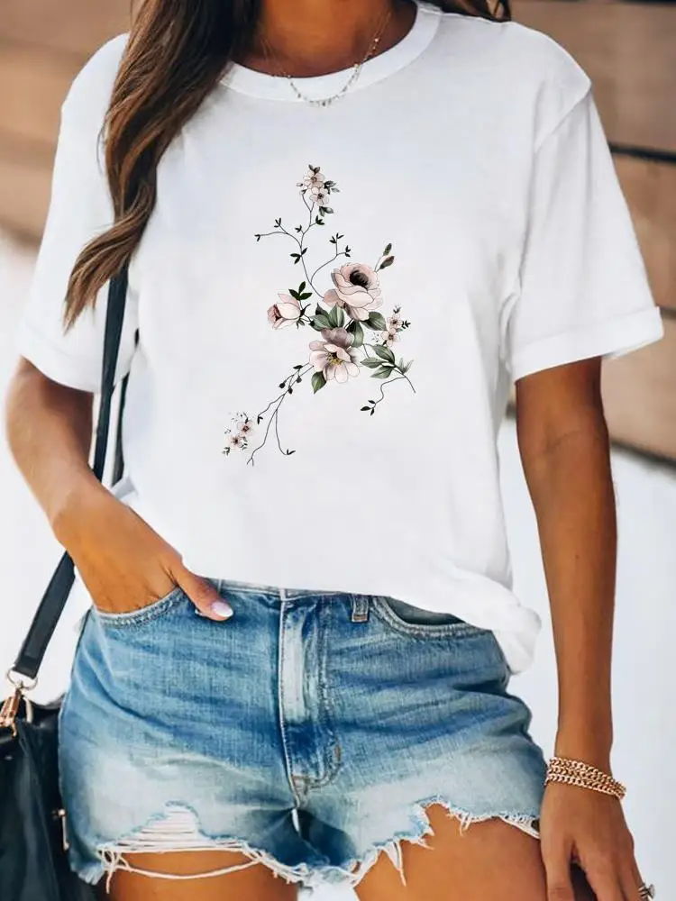 Women Spring Fashion Summer Female Tee Shirt Print Clothes Lady Short Sleeve Flower Lovely Floral Trend 90s Graphic T-shirt
