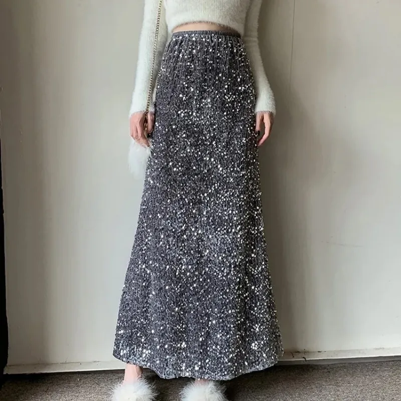 High Waist Sequined Skirt Women 2024 New Autumn Office Lady Basic Midi Skirt Chic Elegant Glossy Long Black Skirt summer 2023 winter women s short cotton padded jacket black hat feathers zippers keep warm coats female new casual trendy lady clothes