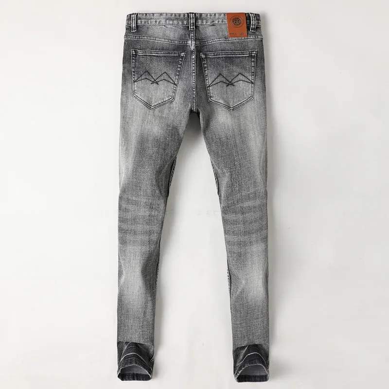 European Vintage Fashion Men Jeans Retro Black Gray Elastic Stretch Slim Fit Ripped Jeans Men Casual Designer Denim Pants Hombre
