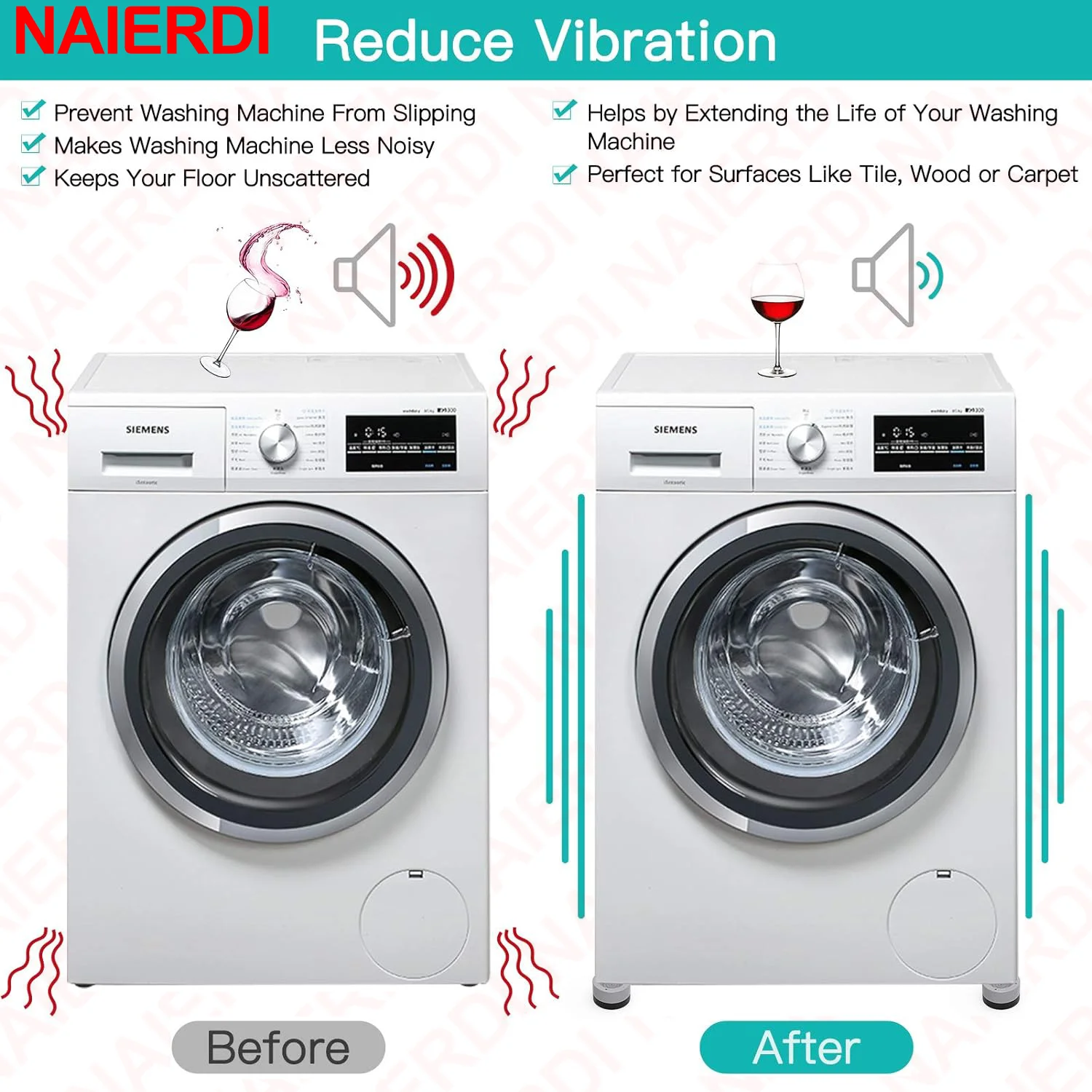 NAIERDI 4 Pack Washing Machine Base Foot Pads,Anti Vibration Pads,Non Slip Heighten Shock Noise Cancelling Washing Machine Mat