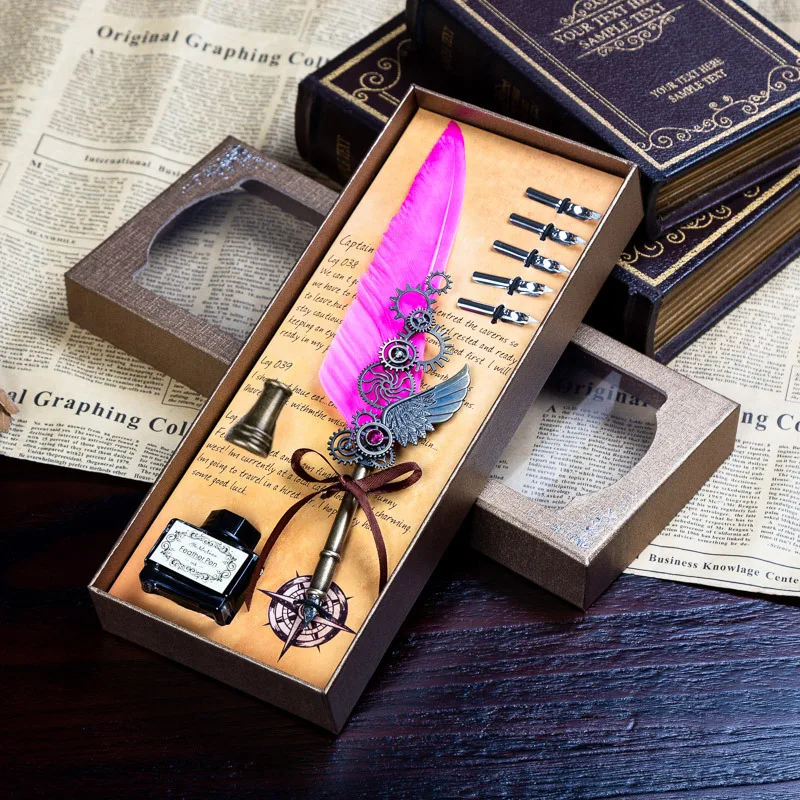 

Antique Calligrap Feather Pen Vintage Advertising Gift Ink Pen Dip Water Metal Fountain Pens Set Box 5 Nibs for School Office