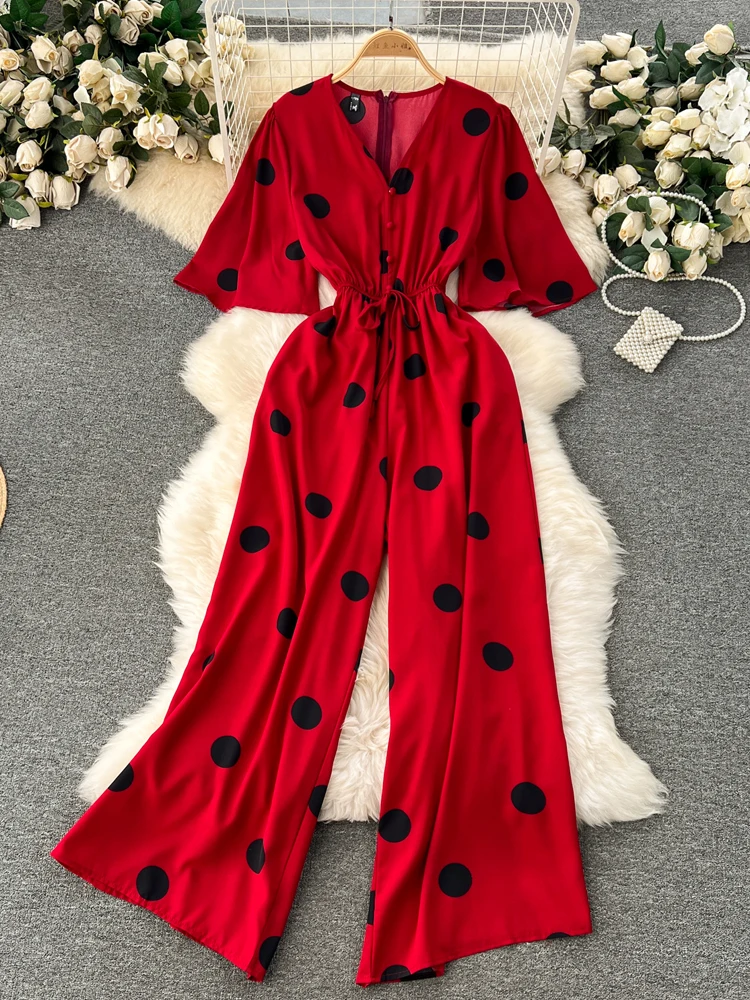 

YuooMuoo шикарные модные женские комбинезоны в горошек, новинка 2024, Летние повседневные винтажные Длинные Комбинезоны с коротким рукавом и широкими штанинами, наряды