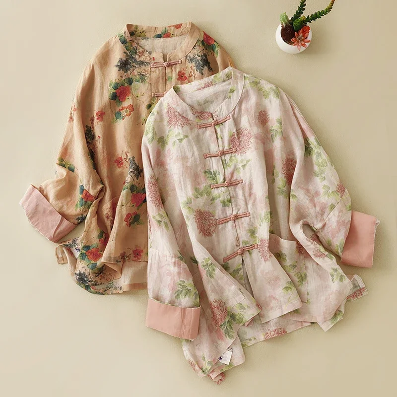 Chinese Style Print Women's Shirt Summer Cotton Linen Vintage Blouses Fashion Loose Clothing Short Sleeve Women Top 2024 Korean