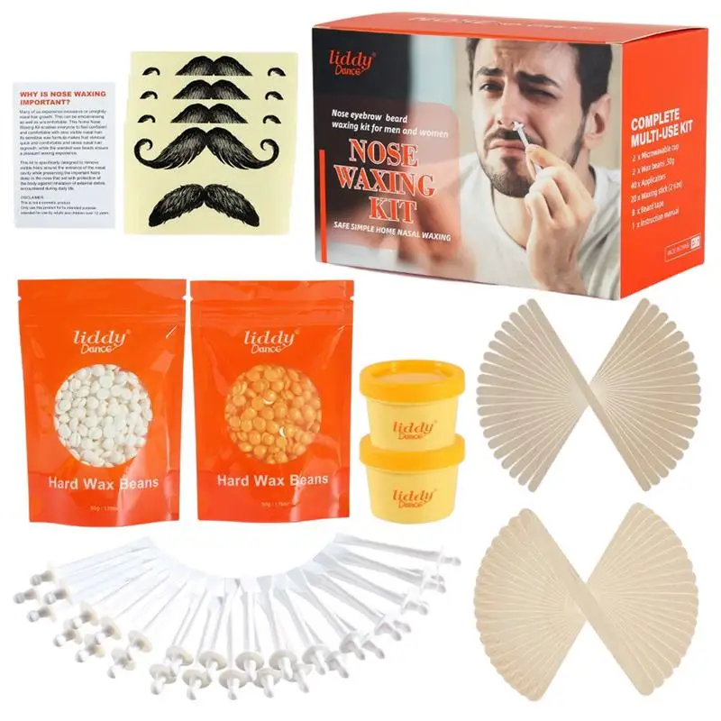 Nose Wax Kit for Men Women, Nose Hair Removal Ear Hair Waxing Kit Eyebrows  Lips Facial Nose Hair Remover Wax, 50g Hard Wax Beads 20 Applicators 10  Paper Cups Full Set Nose