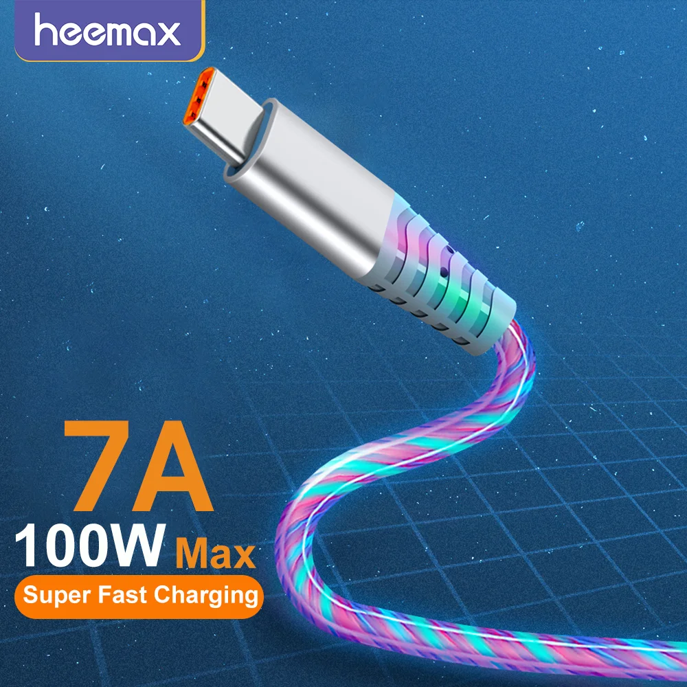 Светящийся кабель HEEMAX 7A с разъемом USB Type-C для Huawei Honor 3A, быстрая зарядка, зарядное устройство USB C, микро-кабель для Xiaomi, Samsung, iPhone