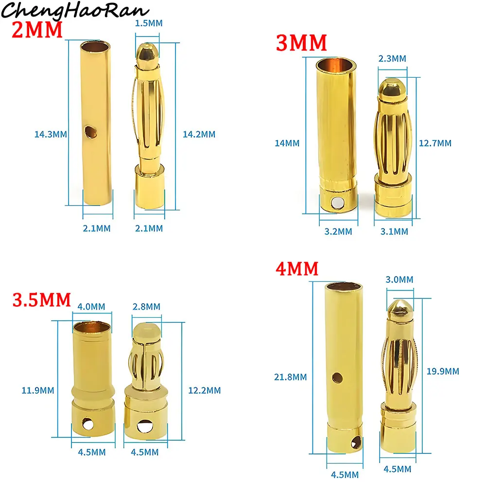 2 Pcs 2mm 3mm 3.5mm 4mm 5mm 5.5mm 6mm Banana Plug Gold Plated Copper Brushless Motor Bullet Connector For ESC Battery Wholeale