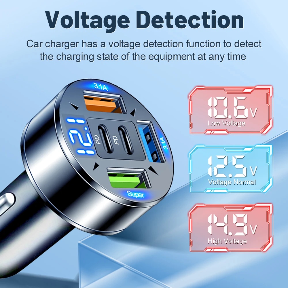 250W 5-Port Car Charger PD QC3.0 USB C Fast Charging Car Phone Adapter With LED Voltage Display For iPhone Samsung Huawei Xiaomi