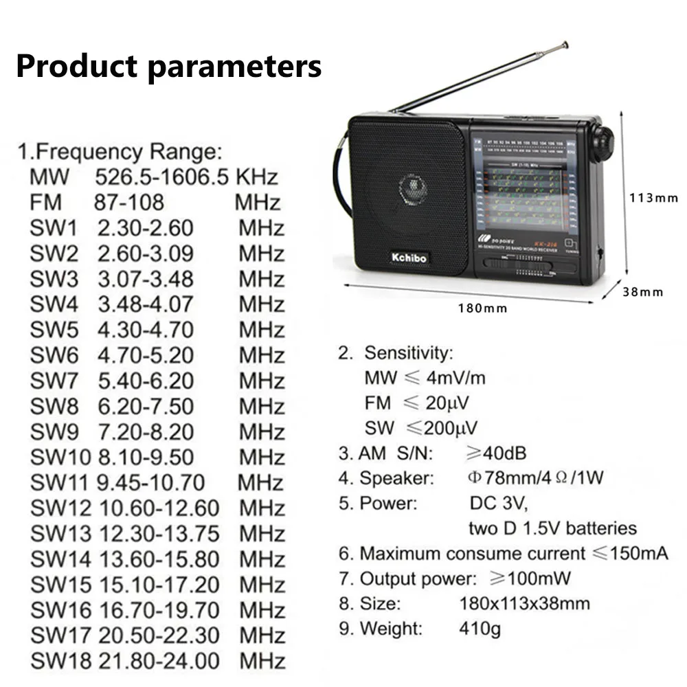 Mini Portable Full Band Radio High Sensitivity FM AM SW1-18 DSP Radios with HD Frequency Indicator Window Extra Long Antenna