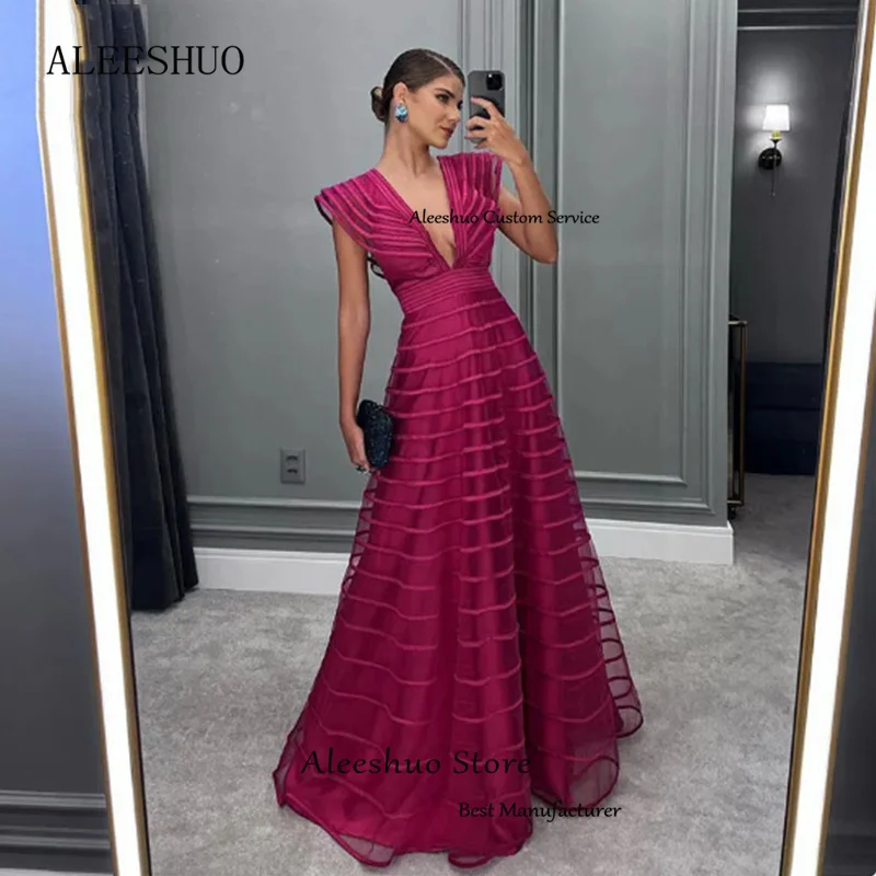 Aleeshuo Purple Elegant Cap Sleeves Long Tulle Prom Gowns Deep V-Neck Backless Evening Dresses Floor-Length Party Robe de soirée