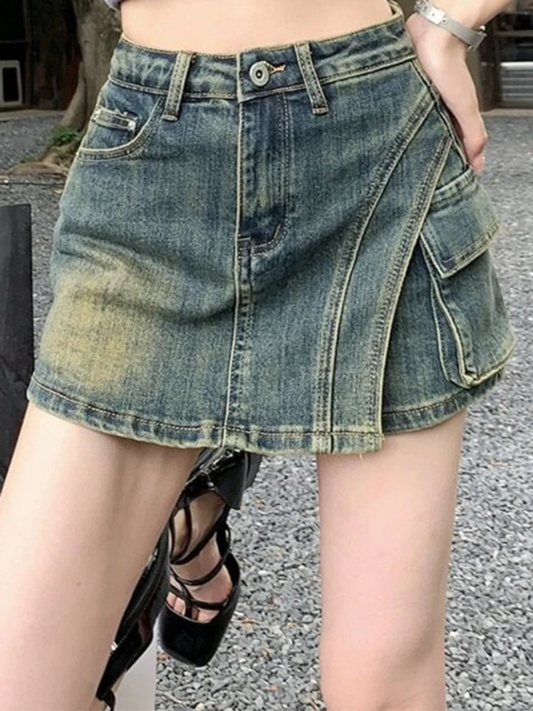 High-Waist Asymmetric Wrap Denim Skort