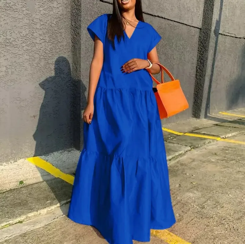 

Royal Blue Casual Long Dresses for Lady Elegant Solid Color 2023 Women's Clothing Summer Fashion Sexy Short Sleeve Dress