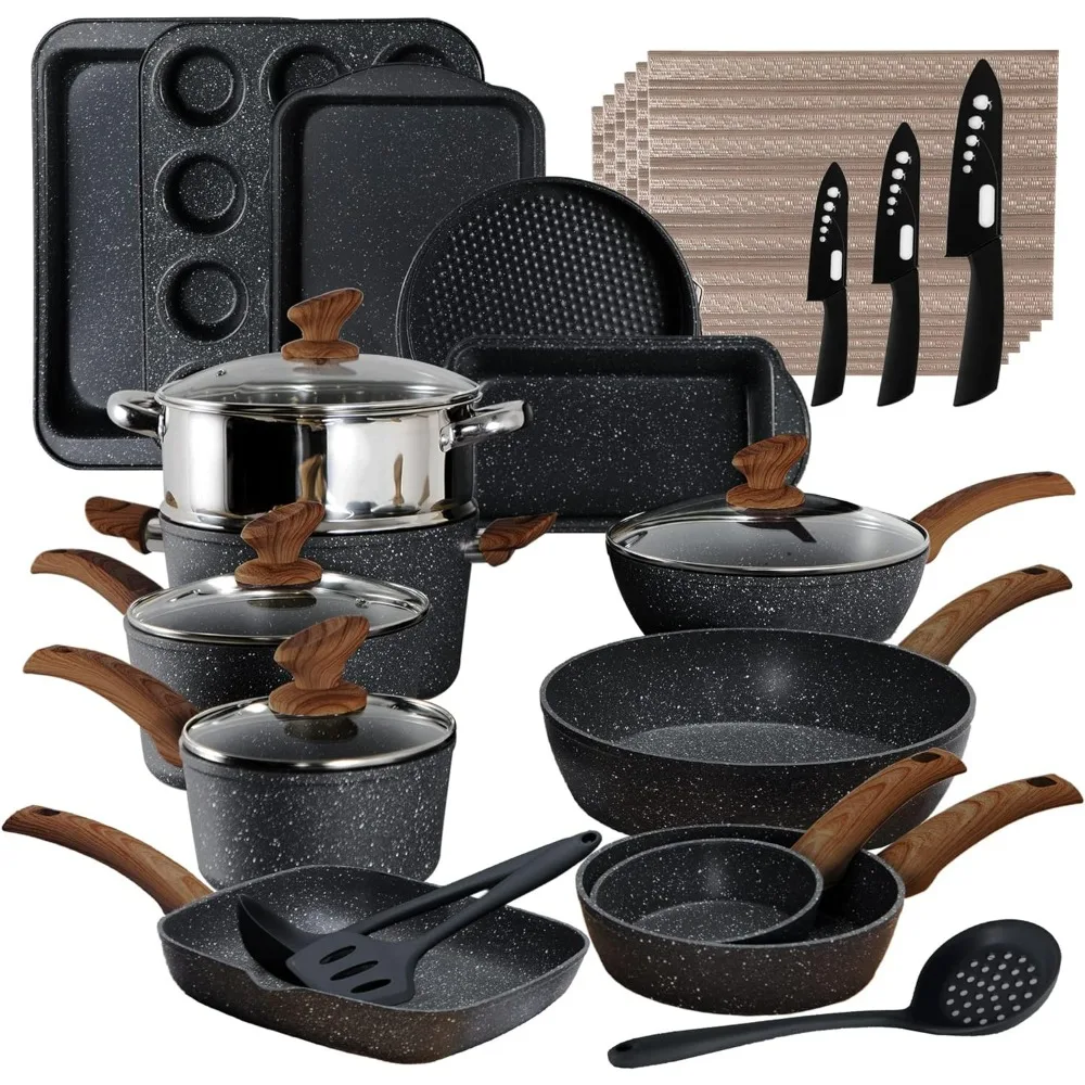 

Kitchen Induction Cookware and Bakeware Set, 30 Piece Granite Cooking Pans Set, Non-Stick Pots and Pans Set, Black