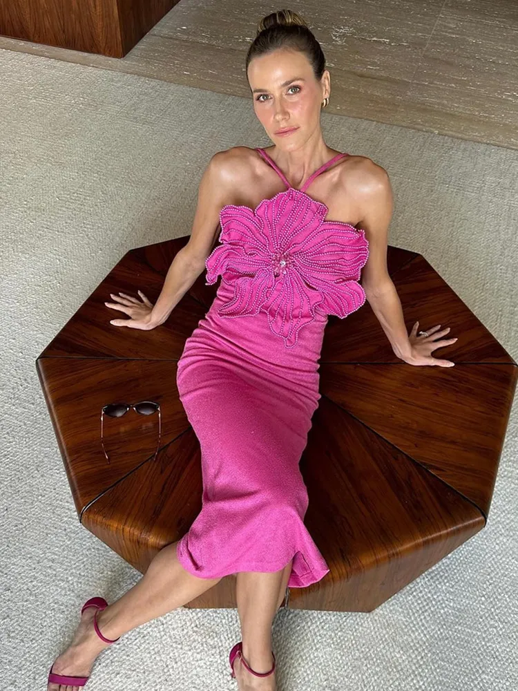 

Women Celebrity Sexy Pearl Beading Hot Pink Mid-Caf Long Skirt Bandage Set 2024 Elegant Evening Club Party Outfits