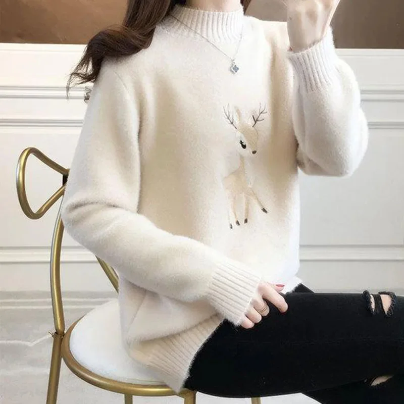 

Embroidery Deer Warm Jumpers Woman 2023 Autumn Winter Half High Collar Knit Sweater Women Korean Loose Long Sleeve Blouse