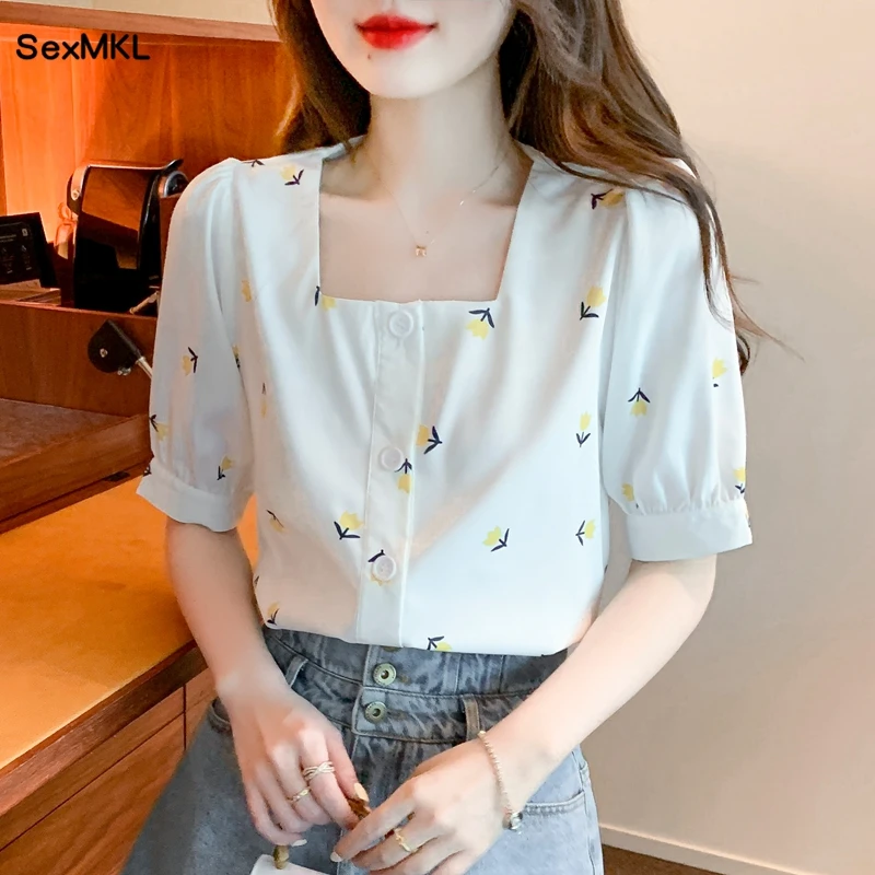 

Vintage Puff Sleeve Ladies Tops 2023 Fashion Short Sleeve Printed Blusas Femininas Korean Style Chiffon Blouses Summer Shirts