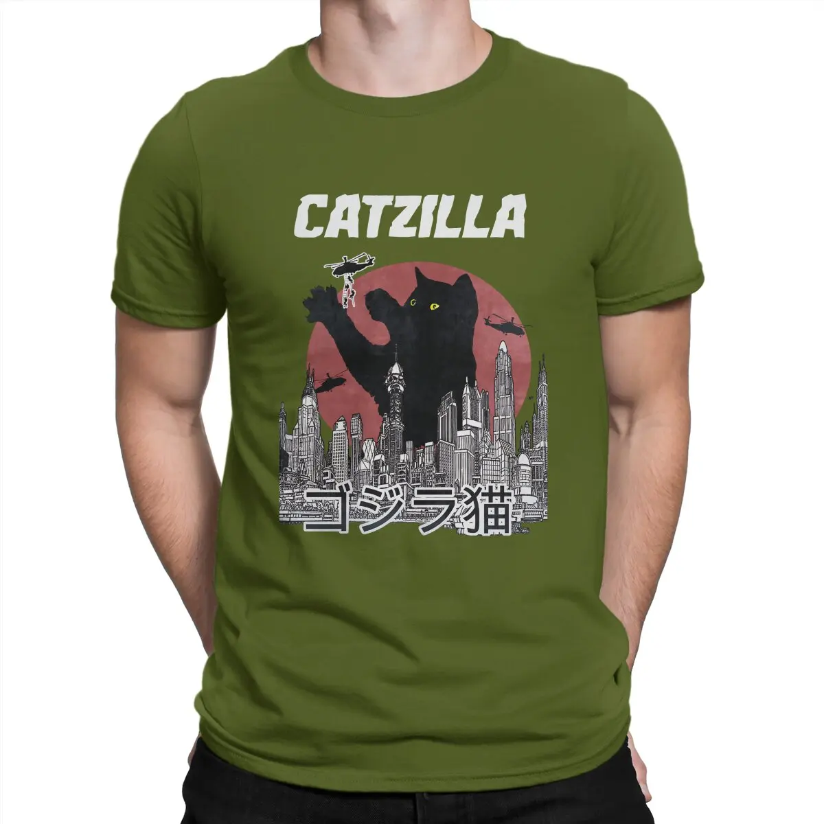 thumbnail image 1 of Camiseta Catzilla para hombre, estilo informal, de algodón, con cuello redondo y manga corta, con estampado de gato, 1 of 7