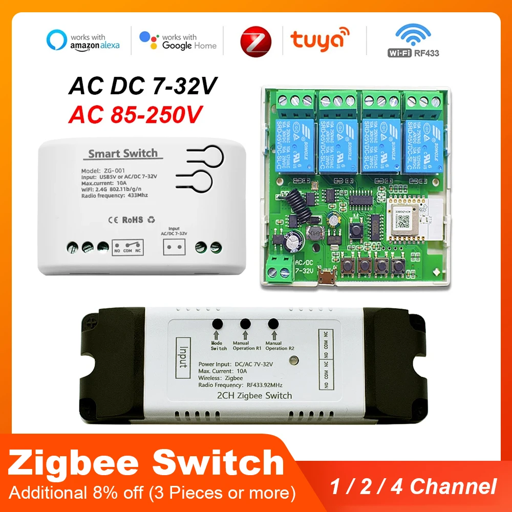 Zigbee Tuya Smart Relay Module Motor Switch1/2/4CH 12V 24V 220V
