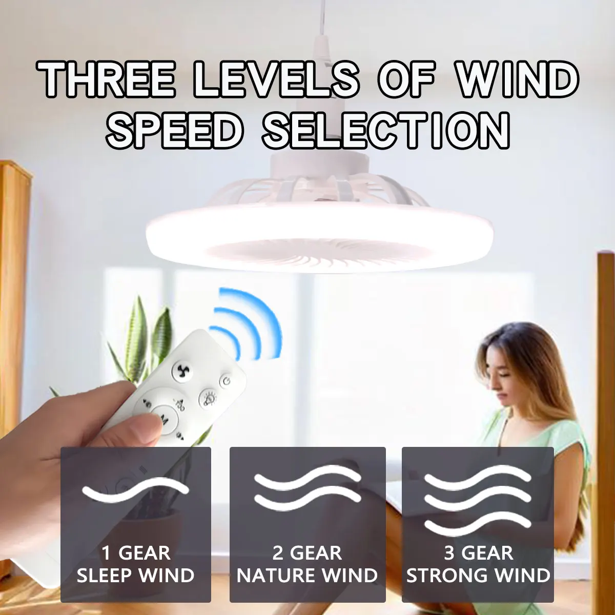 LED Ceiling Fan Light E27 With Remote Control Dimming 3-speed Adjustable Wind Speed for Living Room Study Bathroom