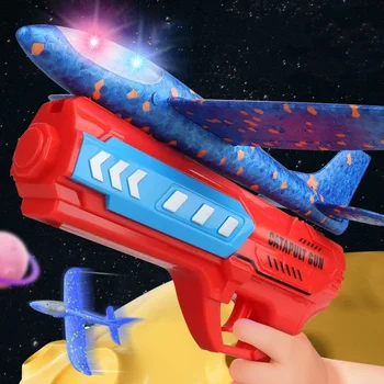 Kids Airplane Launcher Toys 9.1'' LED Foam Glider Catapult Gun Plane for Children Outdoor Flying Toys Birthday Gifts for Boys