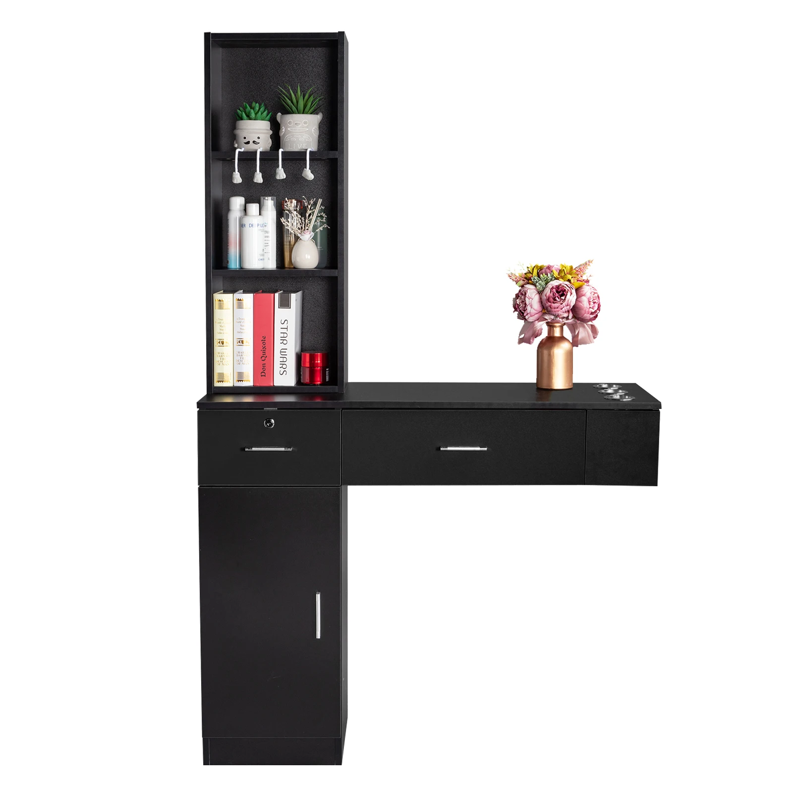 15CM E0 Particleboard Pitted Surface Inverted T Shape Salon Cabinet 2 Drawer 1 Door 1 Lock 3 Hair Dryer W/Lock 3 Color[US-Stock] desktop storage box make up hair clips makeup organizer drawer hairpin case type stationery plastic holder office