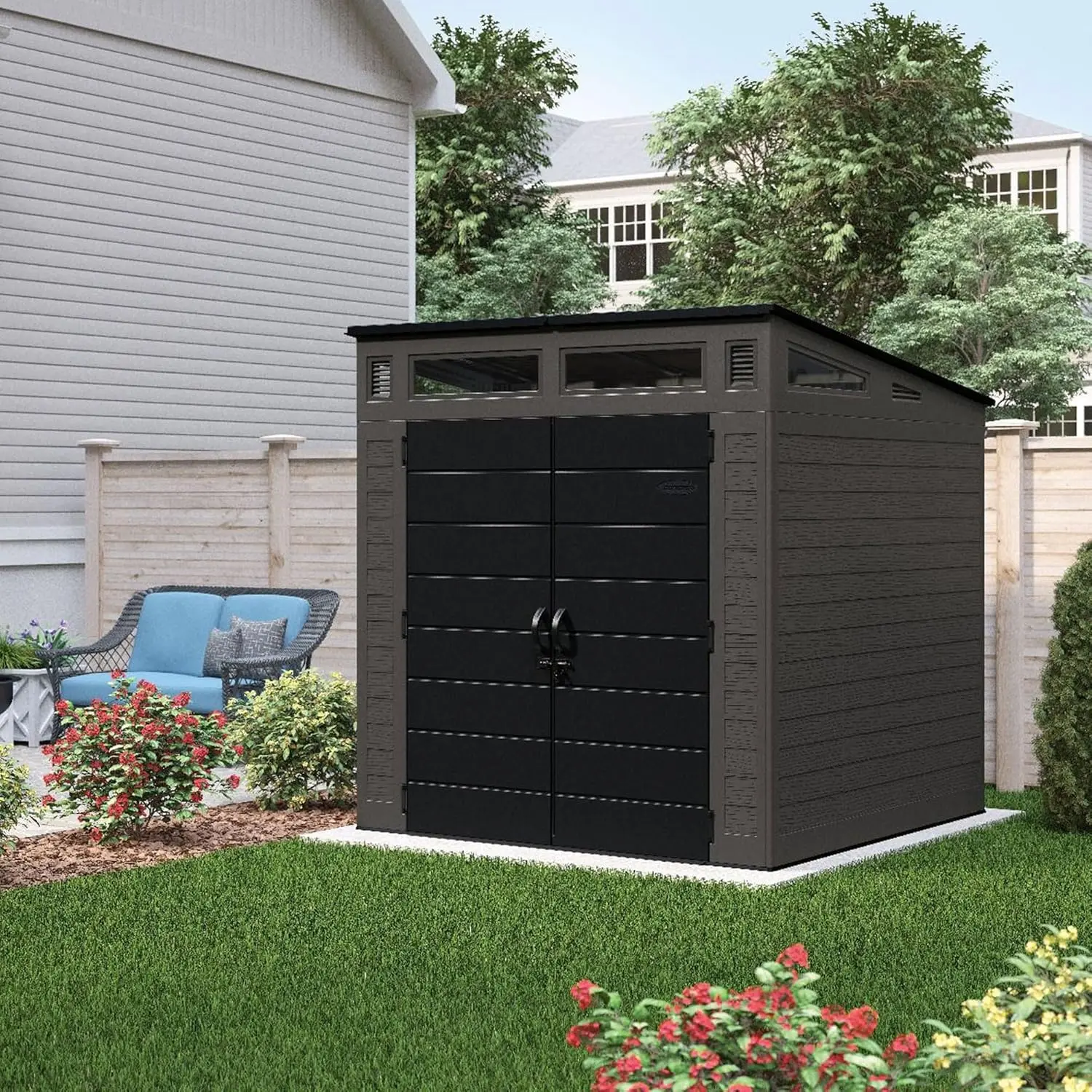 Modern Outdoor Storage Shed, 200 cu. ft. Peppercorn Resin Plastic Shed for Lawn Mower, Bikes, Utility Tools, Patio, & Yard.