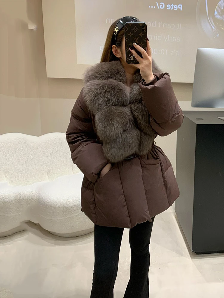 Winter High End Natural Large Fur Collar Down Jacket Women White Duck Down with Belt Outwears Female Solid Thicken Warm Jackets