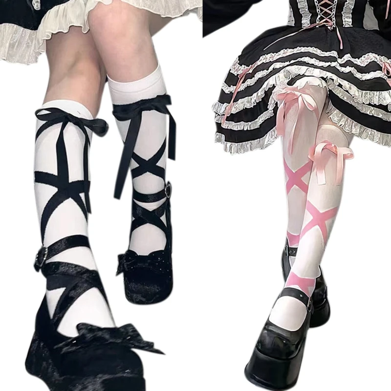 

Women Japanese Knee High Stockings Harajuku Sweet Faux Pattern Ribbon Bowknot Princess Calf