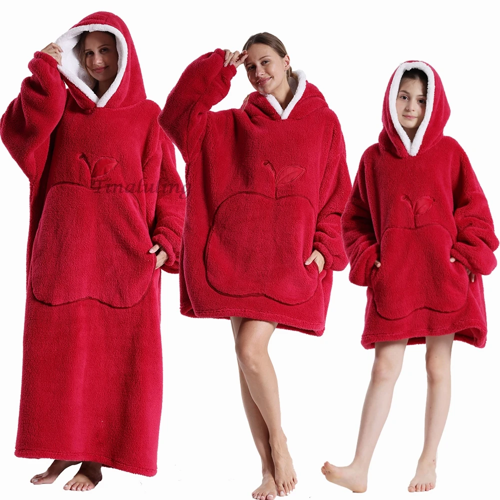 Soft Flannel Apple Emboridery Winter Warm Flannel Wearable TV Blankets Kids Bathrobe Family Matching Oversized Hoodies Sherpa