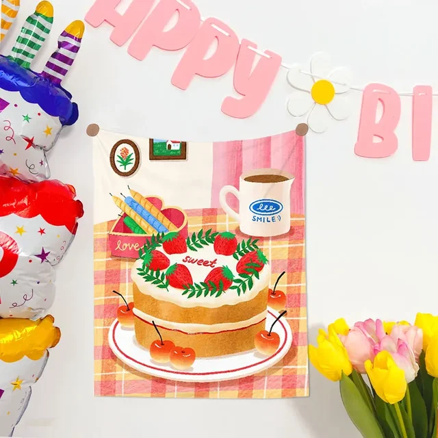 Tapisserie de pain de dessin animé INS, tissu mural suspendu, tapisserie de fond de gâteau d'anniversaire, Kawaii, décor de maison pour chambre d'enfants, esthétique 4