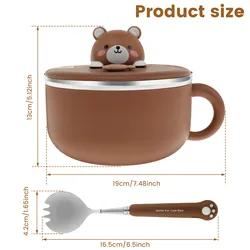 Insulated Ramen Cooker Bowl with Lid and Handle - 1200ml Instant Serving Bowl with Fork (Brown)