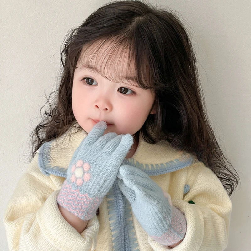Knitted Gloves Children Gloves Girls Winter Knitting Gloves Flower Bow Printing Five Finger Gloves Outdoor Warm Gloves