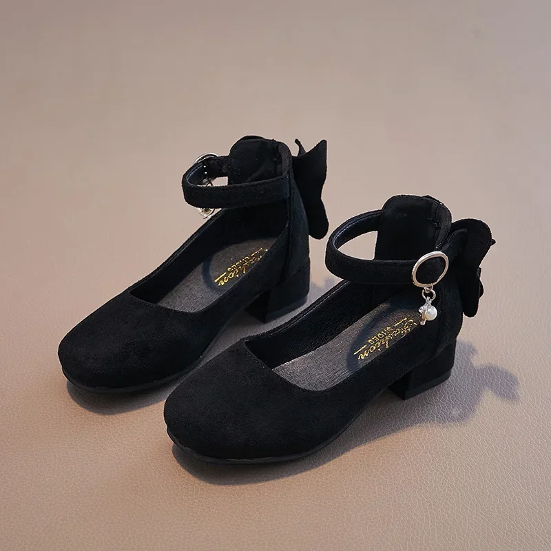 Fashion Gilrs Ankle Strap Fur Leather High Heels Shoes Toddler Girls Pearl Princess Shoes 6-16Y Party Dress Shoes Autumn Spring 3