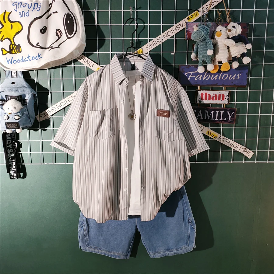 

2024 Men Sets Stripe Summer Loose Shirts Shorts 2 Piece Sets Shirt Men's Tracksuit Streetwear for Male Casual Suits W54