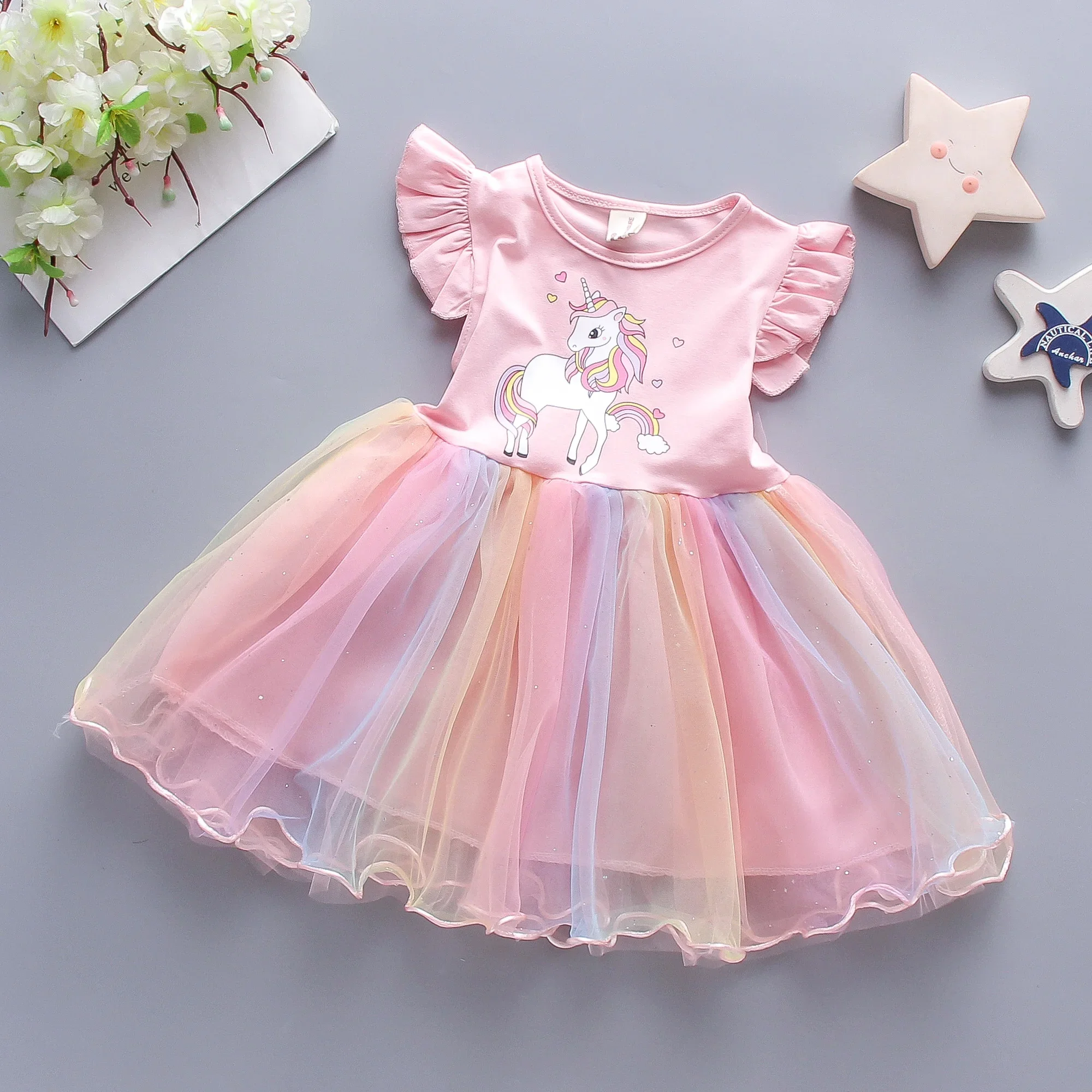 Girls Dress Summer Children Cartoon Cloud Little Horse Rainbow Gradient Mesh Sleeveless