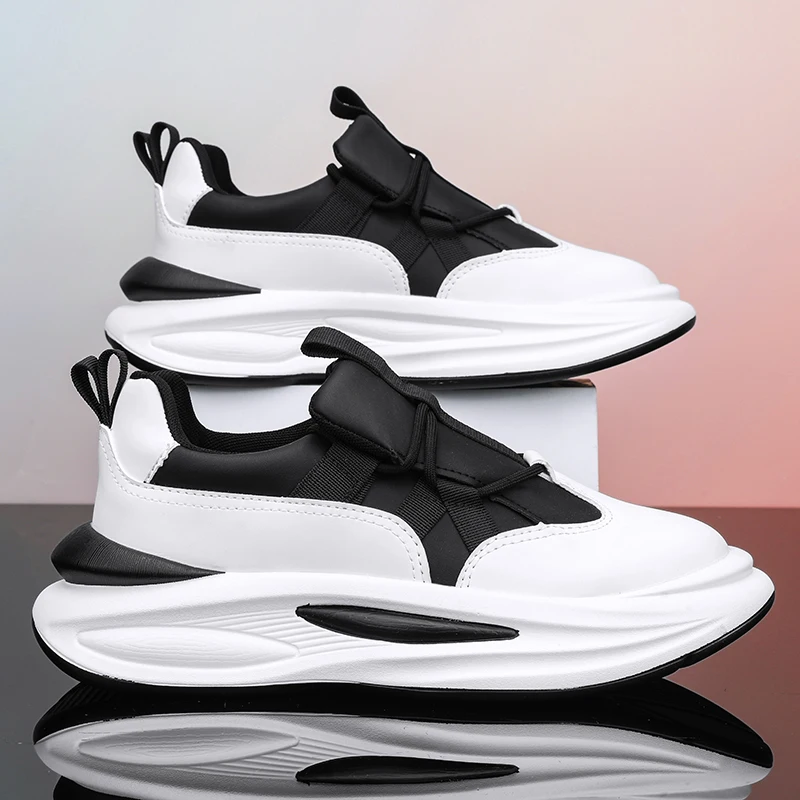 Sneakers For Men Soft Sole Running Shoes Fashion Casual Leather Fabric Breathable Height Increased Flat Platform Board Shoes