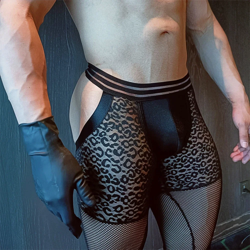 Men Underwear See-Through Mesh Open Butt Shorts Bulge Pouch Leopard Underwear Stretch Longshorts Erotic Short Pants Gays men underwear
