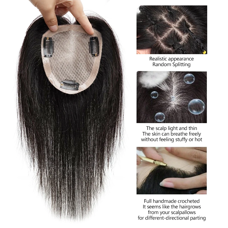 Human Hair Full Hand Made Silk Base Lace Wigs Clip in One Piece Hair Extensions Top Wig Piece Women Natural Scalp Top Base