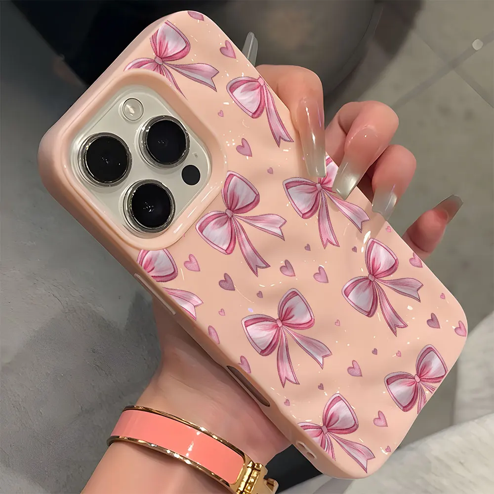 Elegant Pink Bow Heart Pattern Wave Texture Phone Case - Soft Back Cover