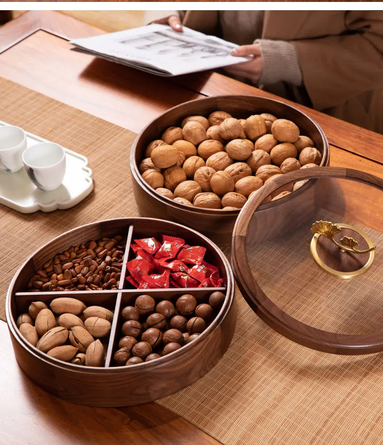 Double Layer Walnut Solid Wood Fruit Plate European Home Modern Dried Fruit Snack Dishes 16 Double Layer Walnut Solid Wood Fruit Plate European Home Modern Dried Fruit Snack Dishes