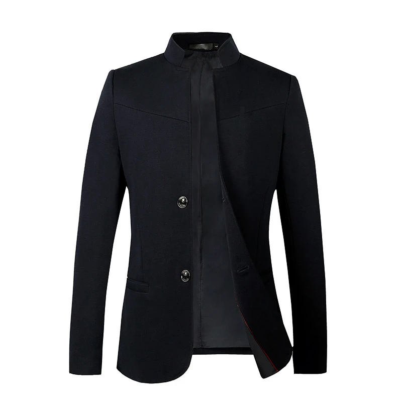 Black Stand Collar Blazer Coat Men Fashion Slim Fit Jacket Gray Navy