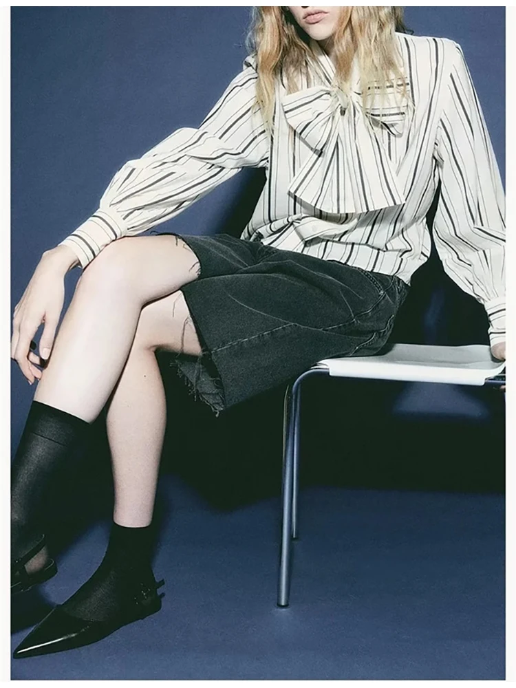 

Spring New Casual Striped Print Womens Loose White Shirts Girls Fashion Bow Lace Up Collar Long Sleeve Single Breasted Tops