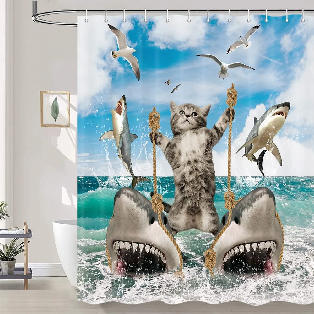 

Funny Cat Shower Curtain Cool Cat Riding Shark On Ocean Sea Blue Waves Kids Creative Design Bathroom Curtain Polyester Fabric