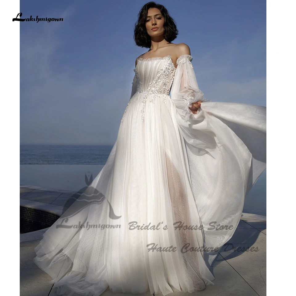 

Lakshmigown Sexy Women Beach Wedding Dress Long Sleeves 2023 Bruidsjurk Dames Puffy Tulle Scoop Boho Bridal Gowns Side Splits