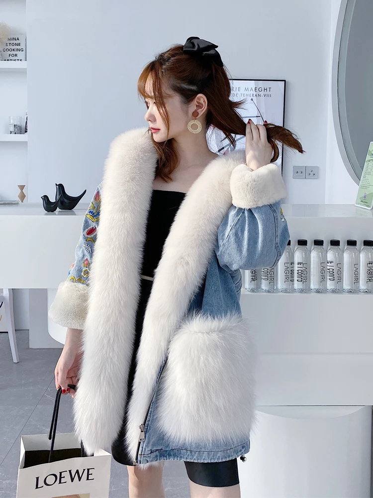 Down Parka Women Winter Jacket with Real Fur Embroidery Denim New Fashion Genuine Rabbit Fur Coat Women Plus Size Fox Fur Jacket topfur winter basic jacket women plus size real mink fur coat genuine leather jacket short women real fur coat spring collection