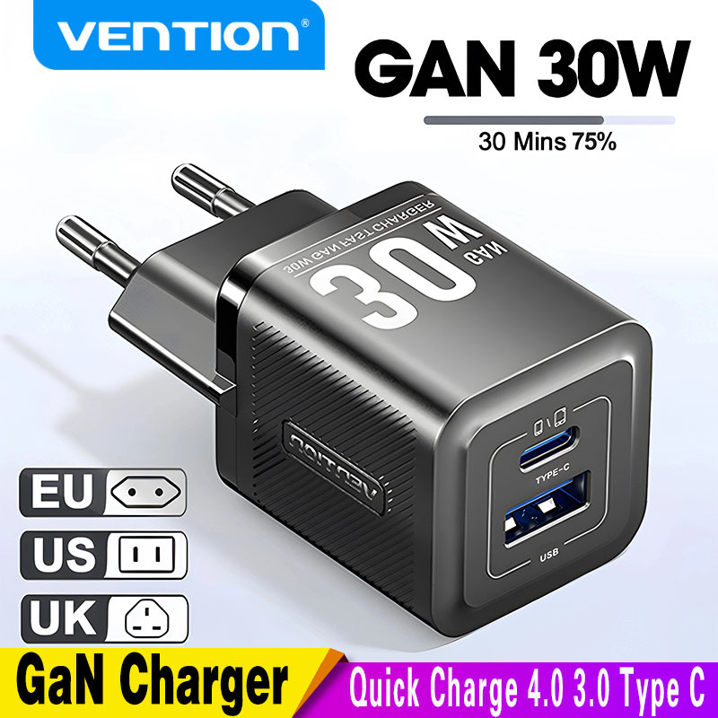 Vention GaN Charger Quick Charge 4.0 3.0 Type C 30W PD Charger for iPhone 17 16 Pro Max Fast Charger Xiaomi Laptop USB C Charger