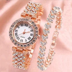 Luxury Women Shiny Bracelet Watches 2pcs Set Rose Gold Watch Fashion Ladies Elegant Quartz Diamond Wristwatch Female Reloj Mujer