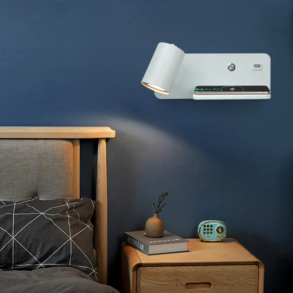 Led Wall Light With Switch Usb Wireless Charging Wall Lamp For Bedroom