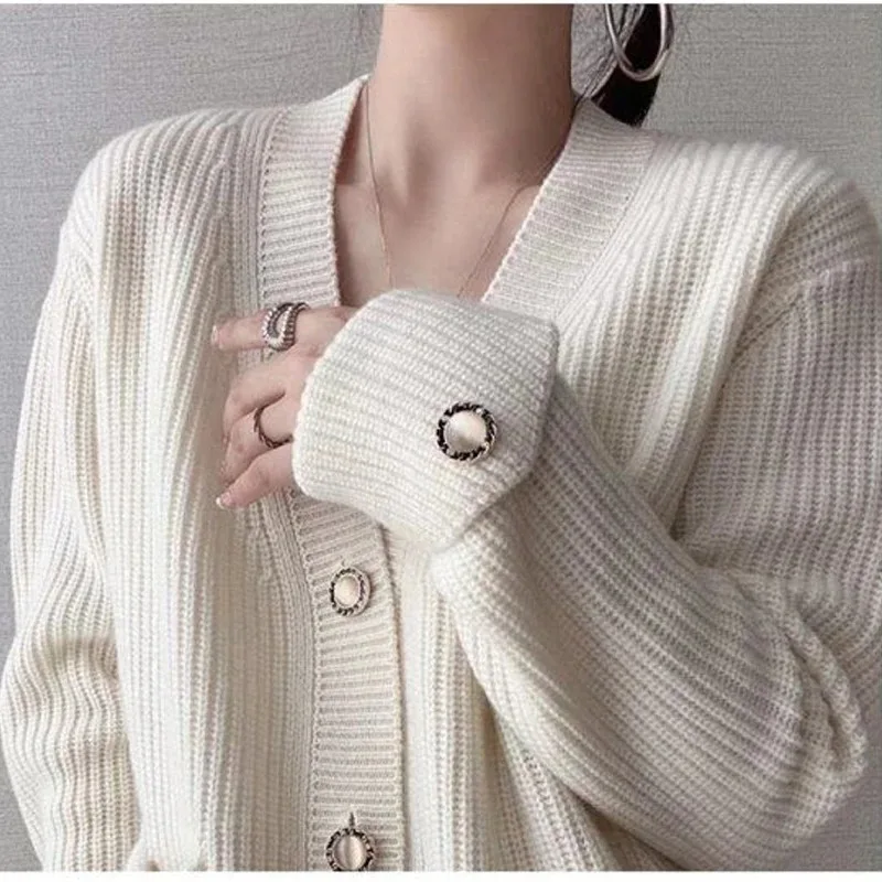 Casual Button Pocket Knitted Cardigan Autumn Winter Korean Fashion Women Tops Loose Knit Coat Sweater Outerwear Clothing 28347