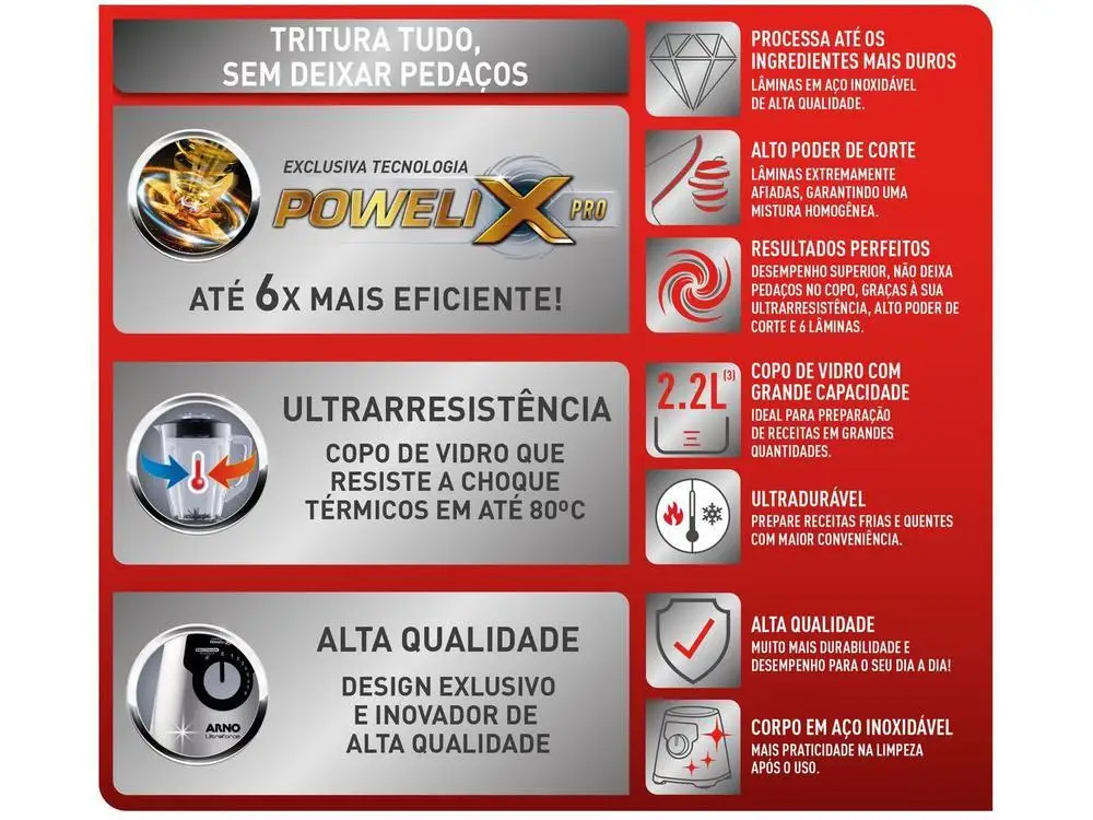 Liquidificador Arno Ultraforce LN92 8 Velocidades 1400W Prata - 110V 2