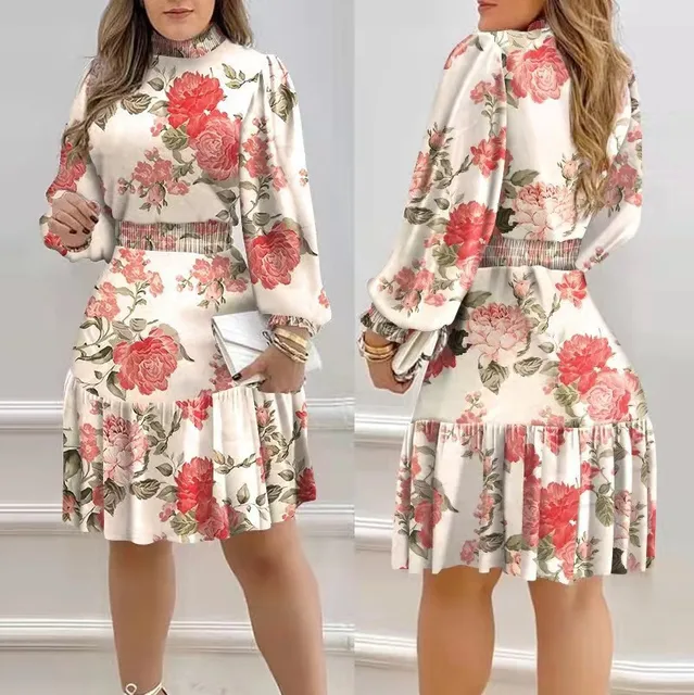 Vestidos femininos 2025 primavera nova moda floral impressão mock neck manga longa cintura alta casual férias diárias mini vestido